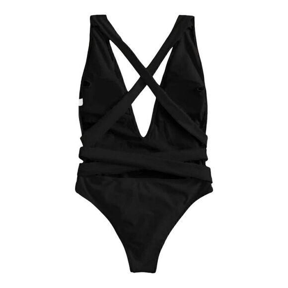 Lilosy Womens Black Halter Deep V-Neck Wrap Tie Waist One-Piece Swimsuit Size L - Picture 13 of 14